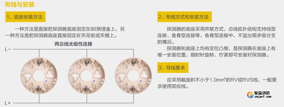 賦安JTY-GM-FS1017點(diǎn)型光電感煙火災(zāi)探測器 布線與安裝